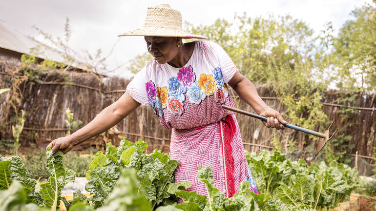 Eine Frau mit traditioneller Kleidung und Hut jätet ihr Gemüsebeet.