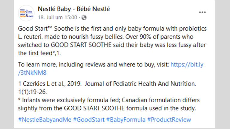 Nestlé Good Start Soothe Instagram-Beschreibung zu probiotischem Produkt
