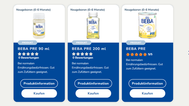 Beba Pre Milch: Drei Produkte werden auf der Website von Nestlé Beba vorgestellt