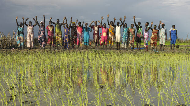 Eine Frauengruppe aus Paguir im Reisfeld: Sie jubeln gemeinsam, im Vordergrund frisch angepflanzte Reispflanzen.