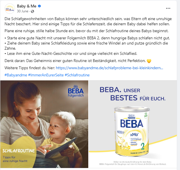 Beispiel einer Facebook-Werbung von Nestlé zum Thema Schlafroutine