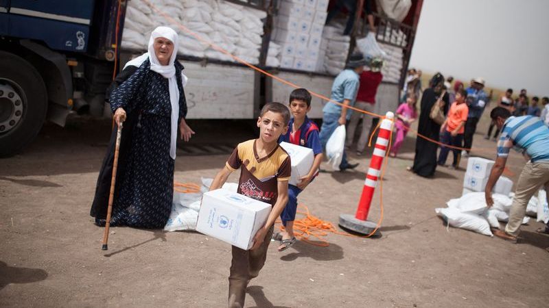 Hilfslieferungen - Junge trägt Box mit Lebensmitteln