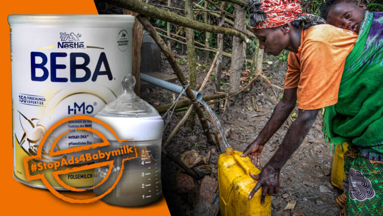 #StopAds4Babymilk: links eine Dose Beba Babymilch und eine Flasche mit schmutzigem Wasser abgebildet, rechts füllt eine Frau mit Kind auf dem Rücken Wasser aus einem Brunnen in einen schmutzigen Kanister. 
