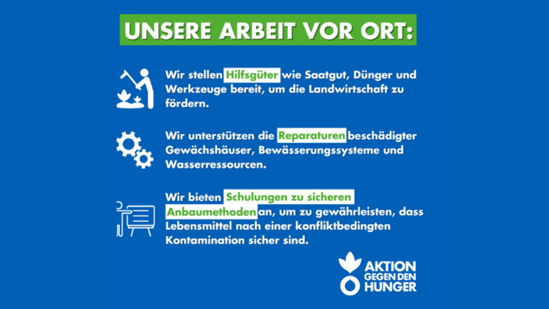 Infografik: Unsere Arbeit in Gaza: Wir stellen Saatgut, Dünger und Werkzeuge bereit, helfen bei Reparaturen und bieten Schulungen zu Anbaumethoden an. Infografik: Unsere Arbeit in Gaza: Wir stellen Saatgut, Dünger und Werkzeuge bereit, helfen bei Reparaturen und bieten Schulungen zu Anbaumethoden an.
