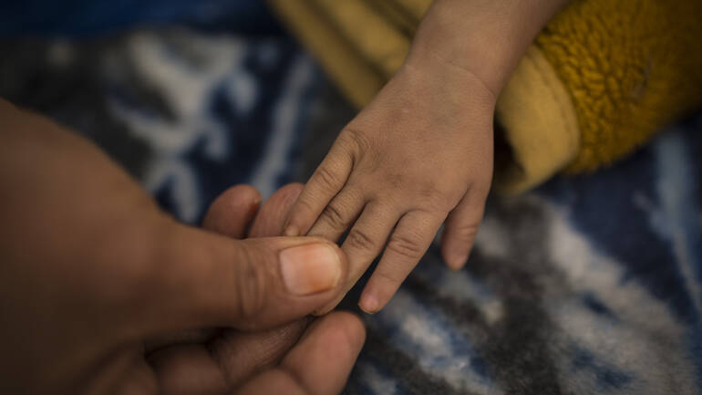 Die Hand eines Erwachsenen hält eine Kinderhand. Die Hand eines Erwachsenen hält eine Kinderhand.