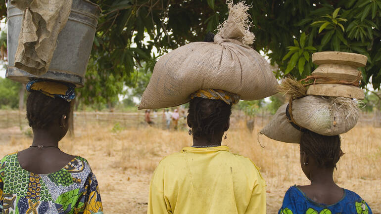 Viele Menschen in Ländern Afrikas sind auf Lebensmittel-Importe angewiesen, um ihre Familien zu ernähren. Drei Frauen transportieren Lebensmittel auf dem Kopf.