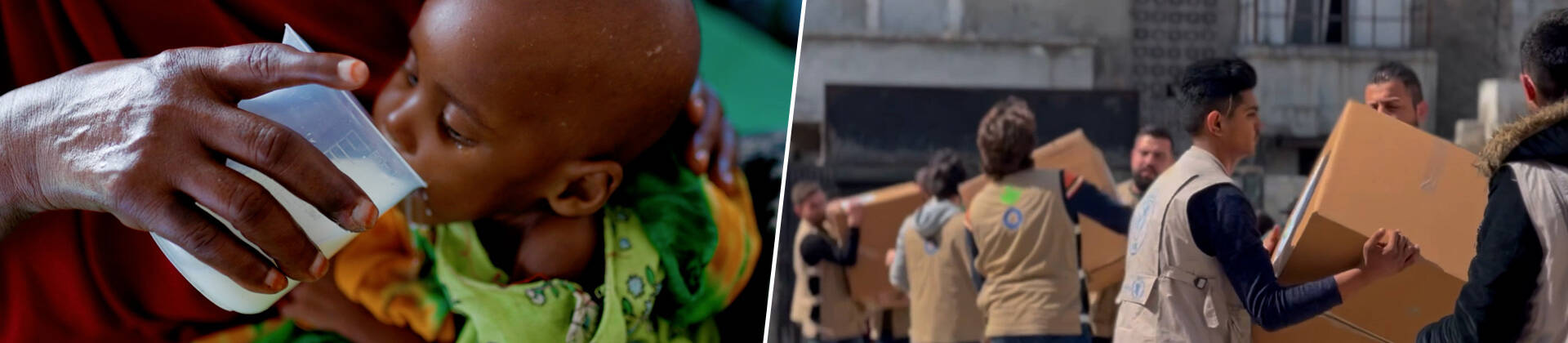 Eine Collage: Links wird ein mangelernährtes Baby mit Milch versorgt, rechts tragen unsere Mitarbeitenden in Gaza Kisten mit Hilfsgütern.