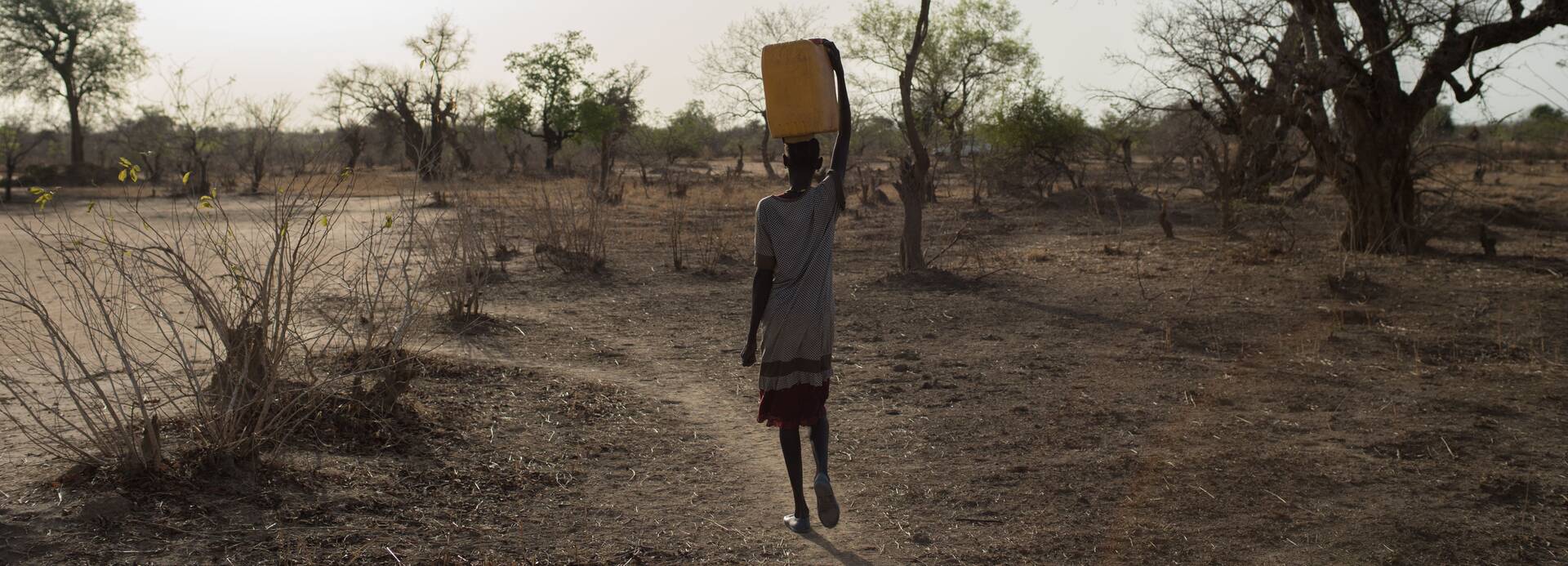 Frau trägt Wasserkanister auf dem Kopf.