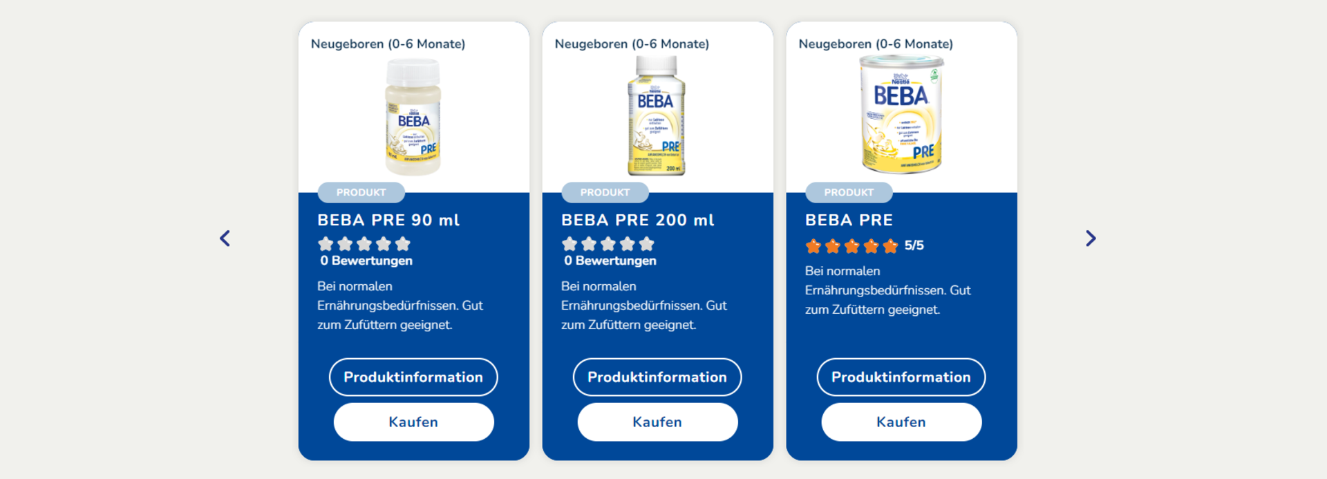 Beba Pre Milch: Drei Produkte werden auf der Website von Nestlé Beba vorgestellt