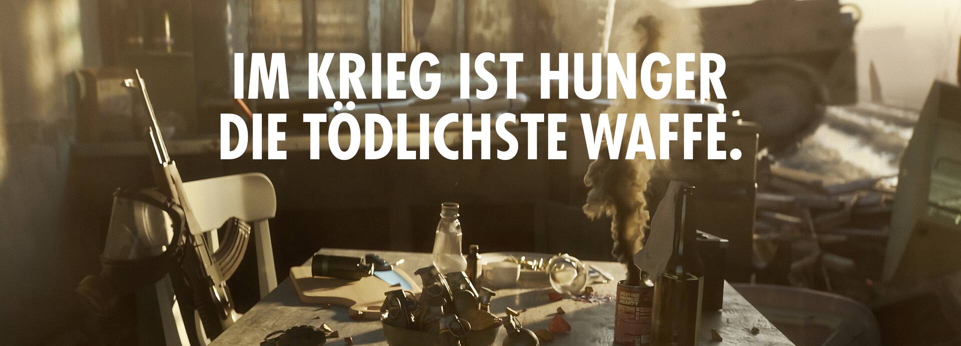 Im Krieg ist Hunger die tödlichste Waffe: Küchentisch mit Waffen, Kugeln, Granaten