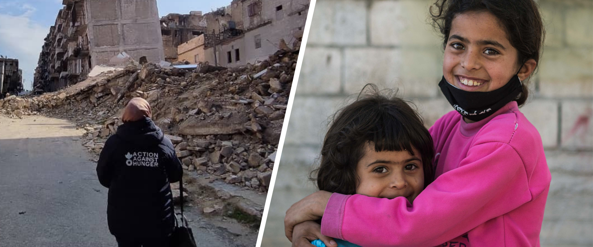 Links eine Mitarbeiterin von Aktion gegen den Hunger in einer zerstörten Straße, rechts zwei syrische Kinder, die sich umarmen und in die Kamera lächeln. Links eine Mitarbeiterin von Aktion gegen den Hunger in einer zerstörten Straße, rechts zwei syrische Kinder, die sich umarmen und in die Kamera lächeln.
