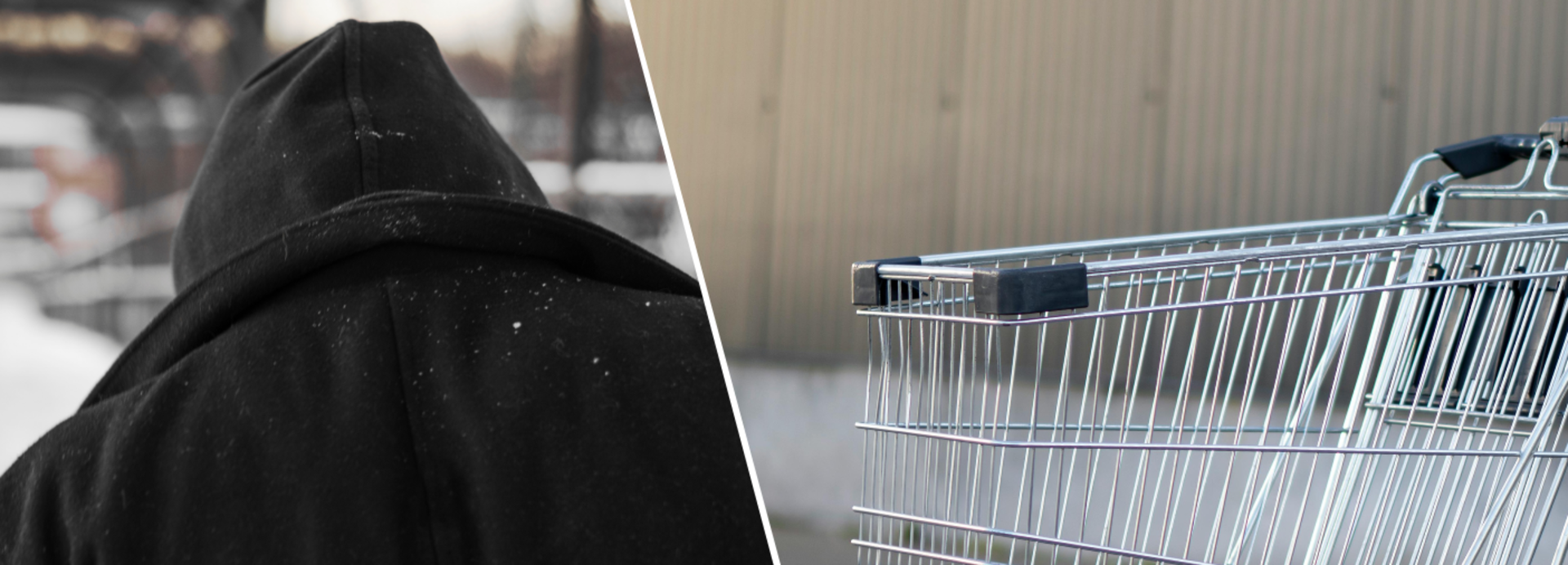 Person mit Kapuze neben leerem Einkaufswagen Links: eine Person mit Kapuze von hinten, rechts: ein leerer Einkaufswagen