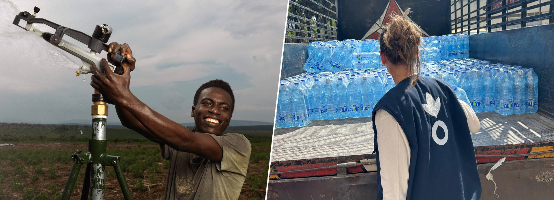 Laut einer aktuellen Studie haben 4,4 Milliarden Menschen keinen Zugang zu Trinkwasser, doppelt so viele wie bisher angenommen. Links im Bild ist ein Landwirt in Ugana zu sehen, der ein Bewässerungssystem justiert. Rechts im Bild ist eine lokale Mitarbeiterin zu sehen, die Wasserflaschen auf eine Ladefläche hebt.