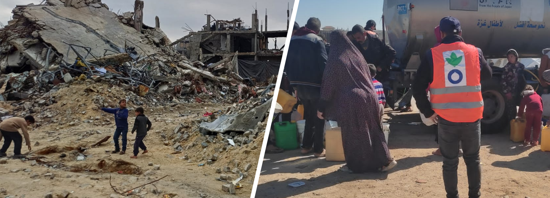 Links Kinder im zerstörten Jabalia, Gaza; rechts ein Mitarbeiter während der Verteilung von Trinkwasser.