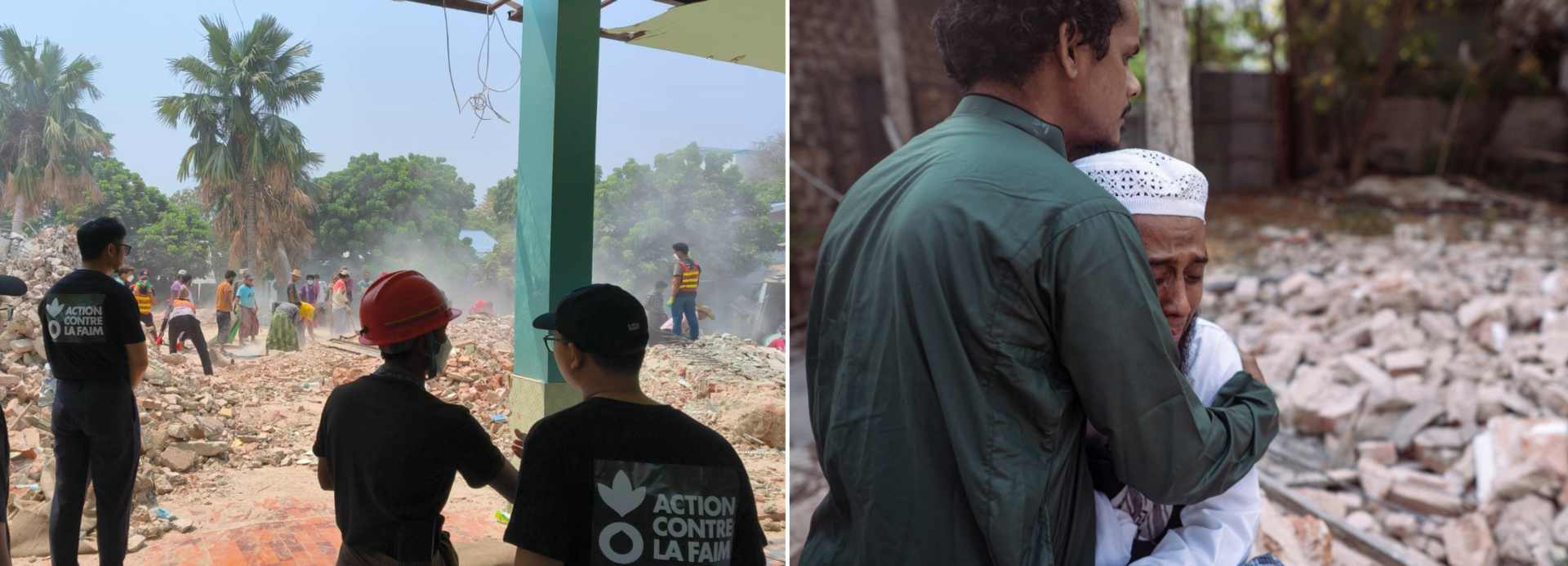 Links: Mitarbeitende von Aktion gegen den Hunger im Erdbebengebiet in Myanmar; rechts: zwei Männer, die sich in den Trümmern Halt geben. Links: Mitarbeitende von Aktion gegen den Hunger im Erdbebengebiet in Myanmar; rechts zwei Männer, die sich in den Trümmern Halt geben.