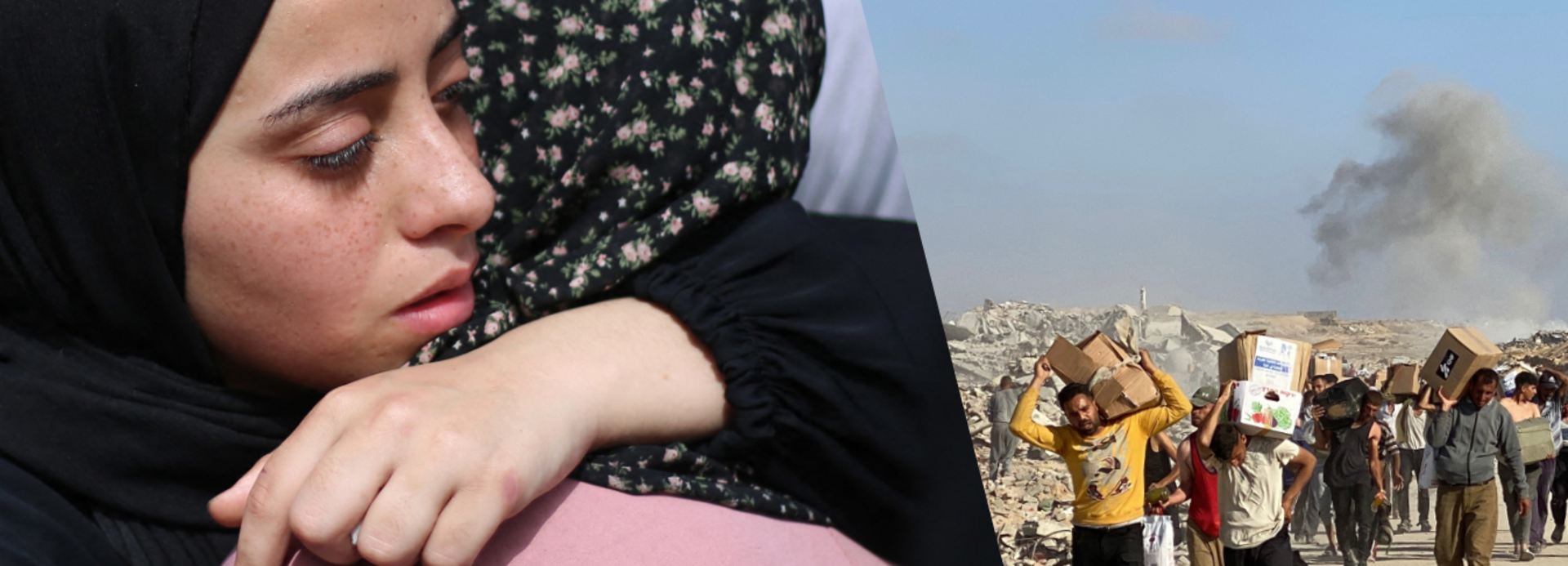 Der Weg zu Verteilungsstellen endet für viele Palästinenser*innen tödlich. Collage, links: Zwei Frauen umarmen sich in Trauer. Rechts: Menschen tragen Hilfsgüter über eine staubige Straße, im Hintergrund eine Rauchwolke.
