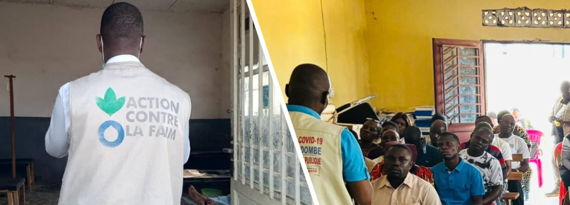 Collage, links: Ein Mitarbeiter von Aktion gegen den Hunger betritt ein Gesundheitszentrum in Kwamouth. Rechts: Eine Gruppe Menschen sitzt in einer Schulung zur Erkennung von Cholera.