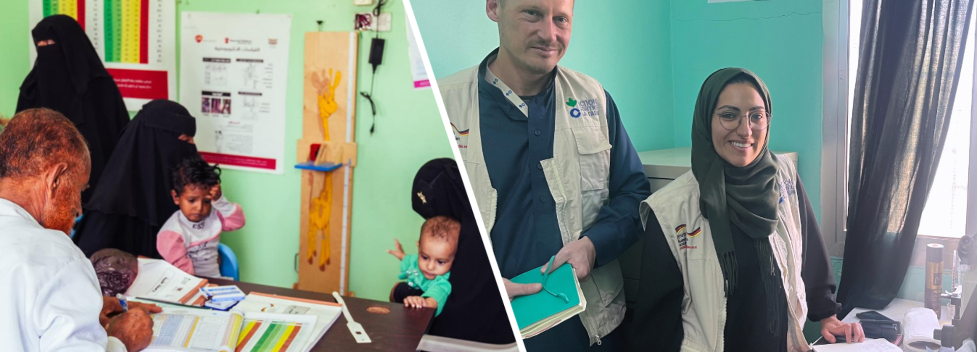 Eindrücke aus Gesundheitszentren im Jemen Collage, links: Jemenitische Frauen mit Kindern sitzen bei der Anamnese in einem Gesundheitszentrum. Rechts: Unsere Kollegen Arne und Farah bei einem Besuch im Gesundheitszentrum