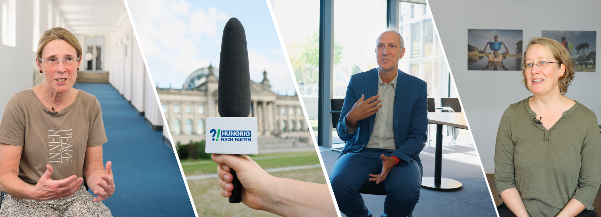 Mikrofon mit "Hungrig nach Fakten"-Logo vor dem Bundestag und Fotos von drei Interviewpartner*innen