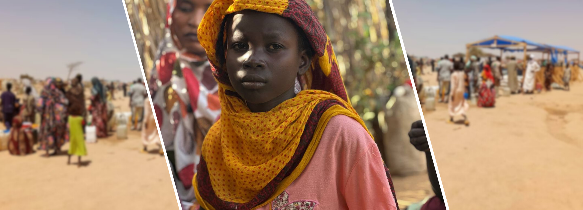 Ein Kind aus dem Sudan, im Hintergrund Bilder von einer Ausgabe mit frischem Wasser