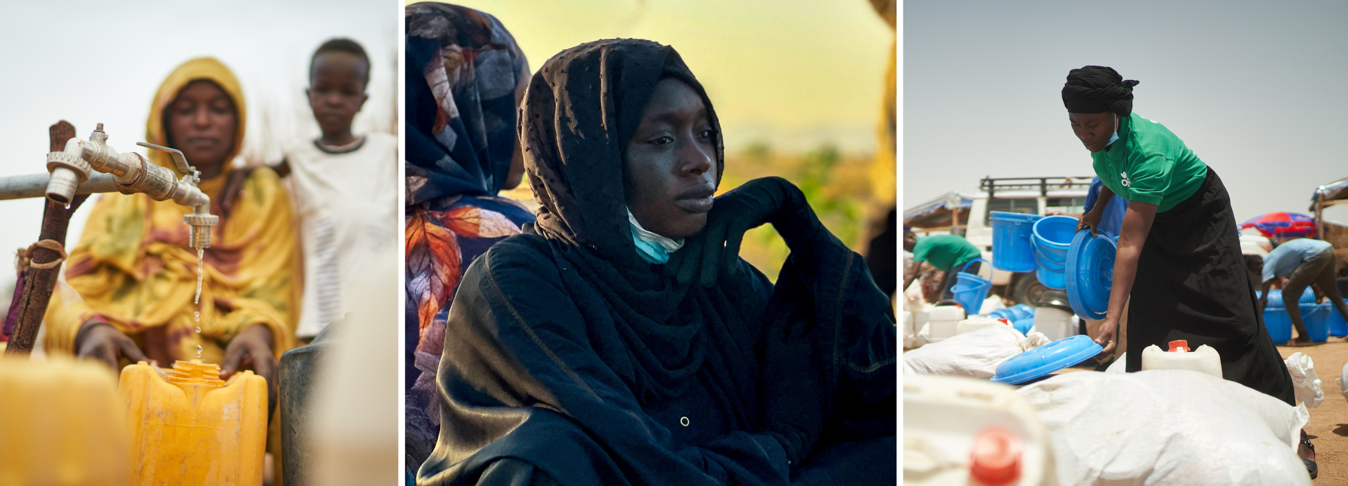 3 Bilder aus dem Sudan: Mutter und Kind beim Holen von Wasser, eine traurig ins Leere schauende Frau, eine Mitarbeiterin von Aktion gegen den Hunger beim Zusammenstellen von Hilfspaketen.