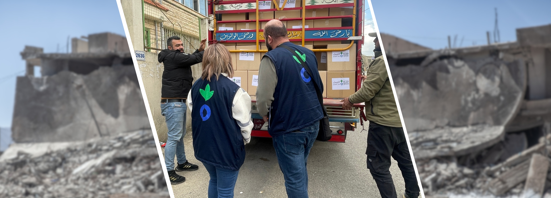 Collage: Mitarbeitende von Aktion gegen den Hunger im Libanon entladen Nothilfe-Pakete / zerstörte Gebäude