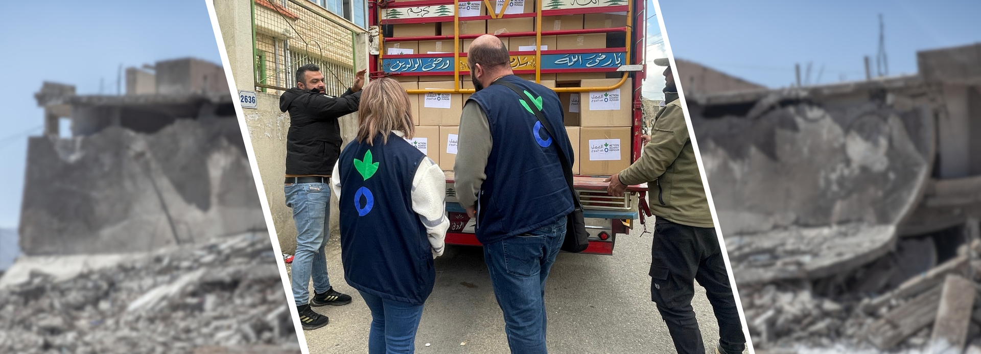 Collage: Mitarbeitende von Aktion gegen den Hunger im Libanon entladen Nothilfe-Pakete / zerstörte Gebäude