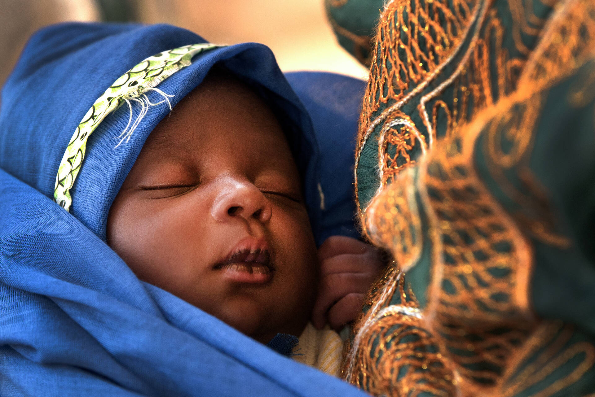 Baby schläft im Arm seiner Mutter.