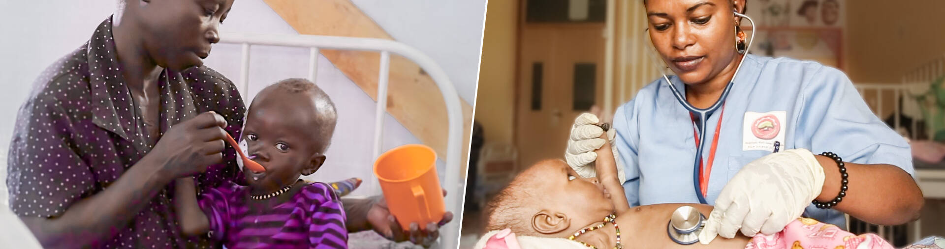 Mutter füttert mangelernährtes Kind in einer Gesundheitsstation von Aktion gegen den Hunger/Ärztin untersucht Kleinkind in einer Gesundheitsstation