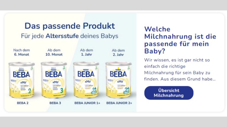 Beba-Produkte ab dem 6. Monat in einer Reihe. Alle sehen gleich aus – auch das nicht offiziell beworbene für Kinder unter 6 Monaten.
