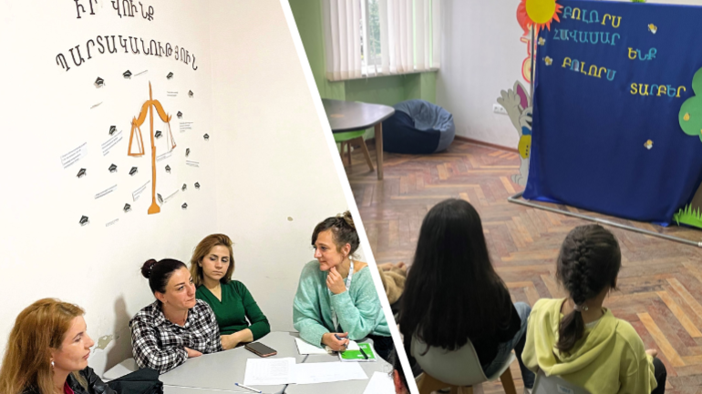 Kinder und Eltern in Goris nehmen am Hilfsprogramm teil. Collage aus Bildern, die teilnehmende Eltern und Kinder an einem Hilfsprogramm in Goris zeigen