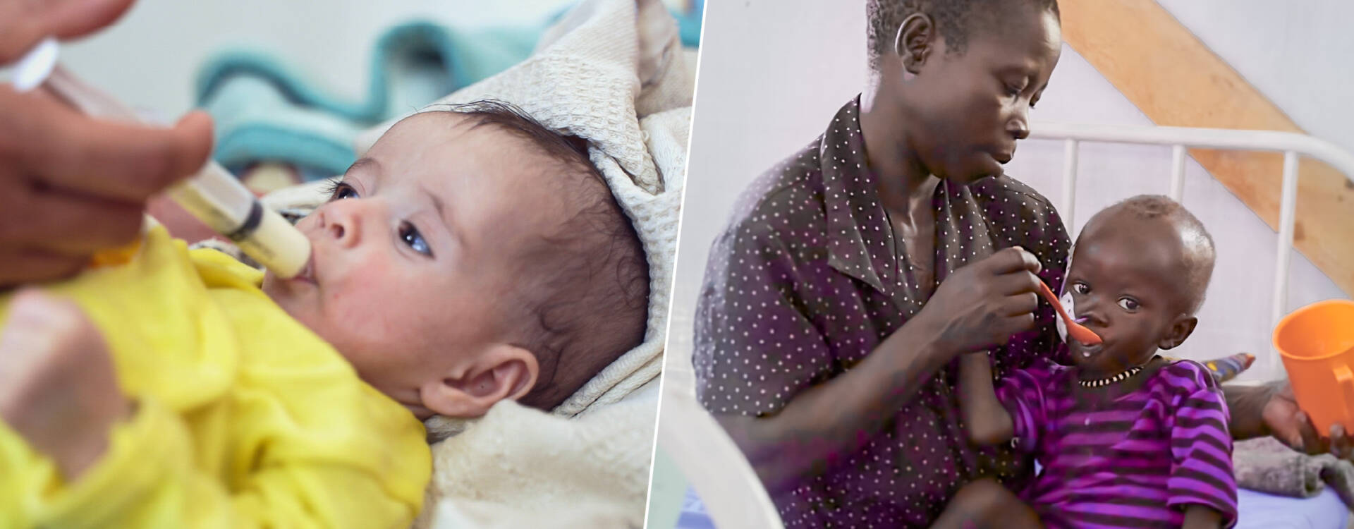 Mitarbeiterin füttert Kleinkind/Mutter füttert mangelernährtes Kind in einer Gesundheitsstation von Aktion gegen den Hunger.
