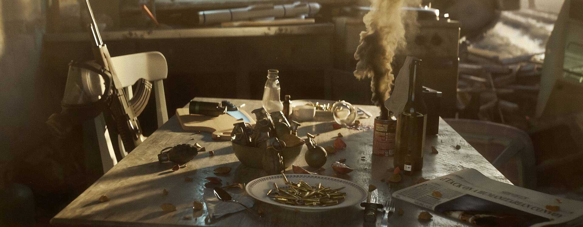Ein Tisch mit Kugeln, Granaten und Rauchbomben sowie einer Zeitung mit Kriegs-Schlagzeile, auf einem Stuhl eine Waffe, im Hintergrund ein zerstörtes Zimmer.