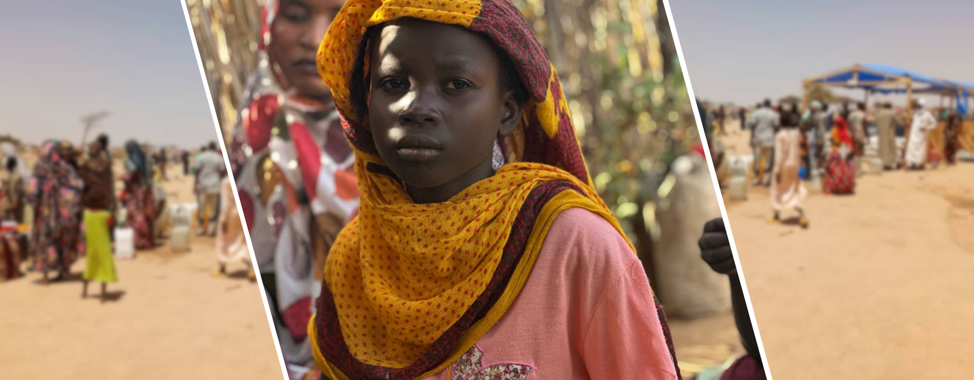 Ein Kind aus dem Sudan, im Hintergrund Bilder von einer Ausgabe mit frischem Wasser Ein Kind aus dem Sudan, im Hintergrund Bilder von einer Ausgabe mit frischem Wasser