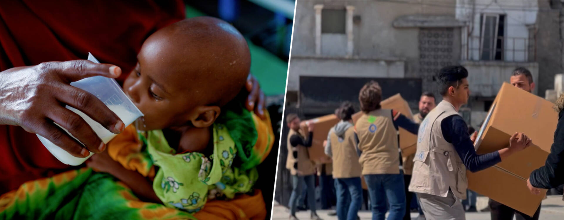 Eine Collage: Links wird ein mangelernährtes Baby mit Milch versorgt, rechts tragen unsere Mitarbeitenden in Gaza Kisten mit Hilfsgütern.