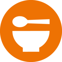 Mahlzeiten Eine Schüssel und ein Löffel auf orangefarbenem Hintergrund