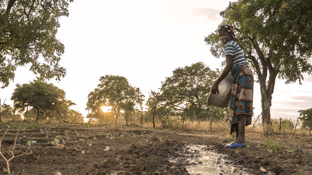 Eine Frau beim Gießen in einem Gartenprojekt in Burkina Faso