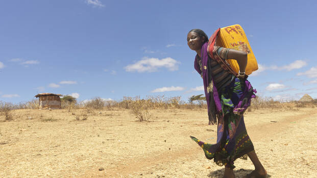 Eine Frau aus Äthiopien muss kilometerweit zur Wasserstelle laufen, um ihre Familie zu versorgen.