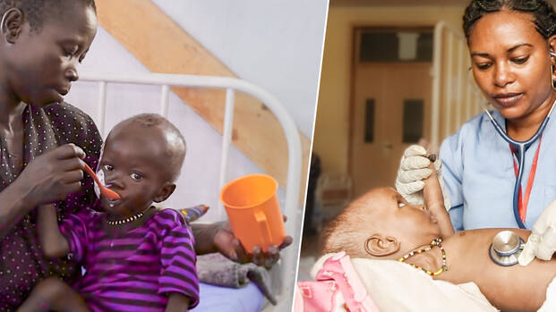 Mutter fÃ¼ttert mangelernÃ¤hrtes Kind in einer Gesundheitsstation von Aktion gegen den Hunger/Ã„rztin untersucht Kleinkind in einer Gesundheitsstation