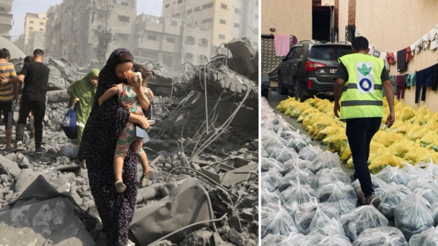 Ein Mann in Gaza checkt Hilfslieferungen; Eine Frau trägt ihr Kind schützend in den Armen durch Trümmer; Ein Mitarbeiter läuft durch Tüten mit Hilfsgütern.