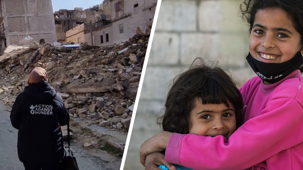 Links eine Mitarbeiterin von Aktion gegen den Hunger in einer zerstörten Straße, rechts zwei syrische Kinder, die sich umarmen und in die Kamera lächeln. 