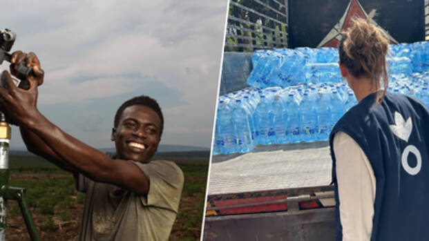 Links im Bild ist ein Landwirt in Ugana zu sehen, der ein Bewässerungssystem justiert. Rechts im Bild ist eine lokale Mitarbeiterin zu sehen, die Wasserflaschen auf eine Ladefläche hebt.