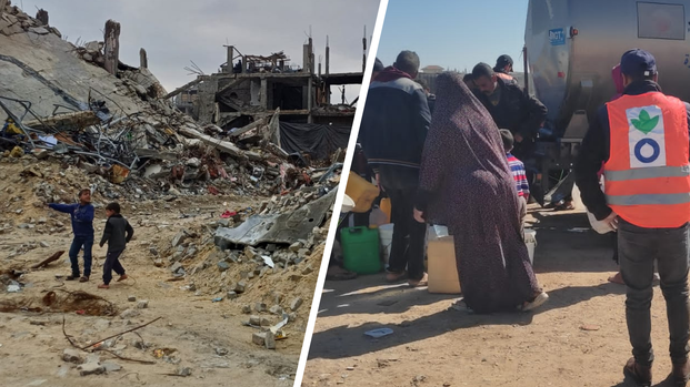 Links Kinder im zerstörten Jabalia, Gaza; rechts ein Mitarbeiter während der Verteilung von Trinkwasser.