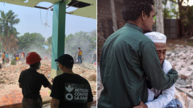 Links: Mitarbeitende von Aktion gegen den Hunger im Erdbebengebiet in Myanmar; rechts zwei Männer, die sich in den Trümmern Halt geben.