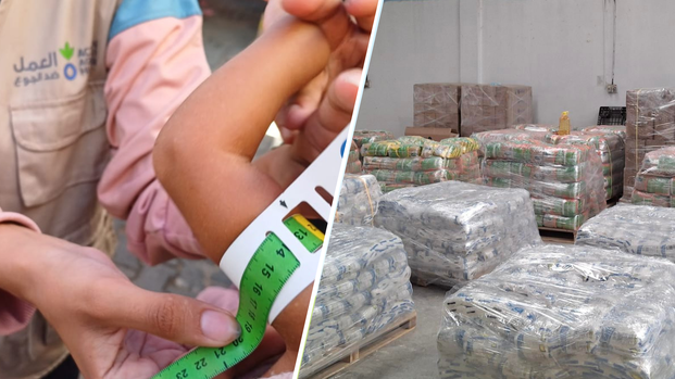 Collage: Links misst eine Mitarbeiterin den Armumfang eines Kindes in Gaza, rechts ein Lager an der jordanischen Grenze: Hier werden Lebensmittel gelagert, die gerade nicht nach Gaza gelangen.