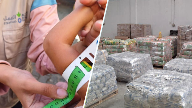 Collage: Links misst eine Mitarbeiterin den Armumfang eines Kindes in Gaza, rechts ein Lager an der jordanischen Grenze: Hier werden Lebensmittel gelagert, die gerade nicht nach Gaza gelangen.