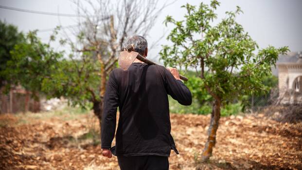 Jaafar geht durch eines seiner Felder, direkt vor seinem Haus in Beit Lif im Südlibanon, das vom Konflikt stark betroffen ist.
