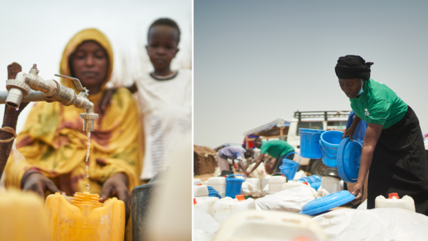 Collage: Frau und Kind hinter einem Wasserhahn, eine Mitarbeiterin von Aktion gegen den Hunger stellt Pakete zusammen, eine Schlange an Menschen wartet auf Wasserausgabe.