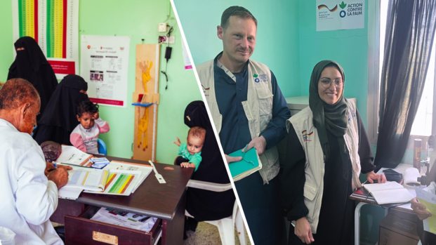 Collage, links: Jemenitische Frauen mit Kindern sitzen bei der Anamnese in einem Gesundheitszentrum. Rechts: Unsere Kollegen Arne und Farah bei einem Besuch im Gesundheitszentrum
