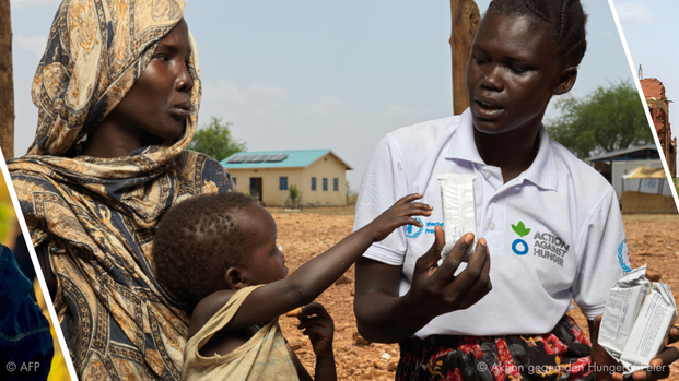 Collage: links eine nachdenklich und traurig schauende Frau aus dem Sudan, mittig eine Mitarbeiterin von Aktion gegen den Hunger, die mit einer Mutter und ihrem Kind über Therapienahrung spricht, rechts ein Mann im zerstörten Khartoum.